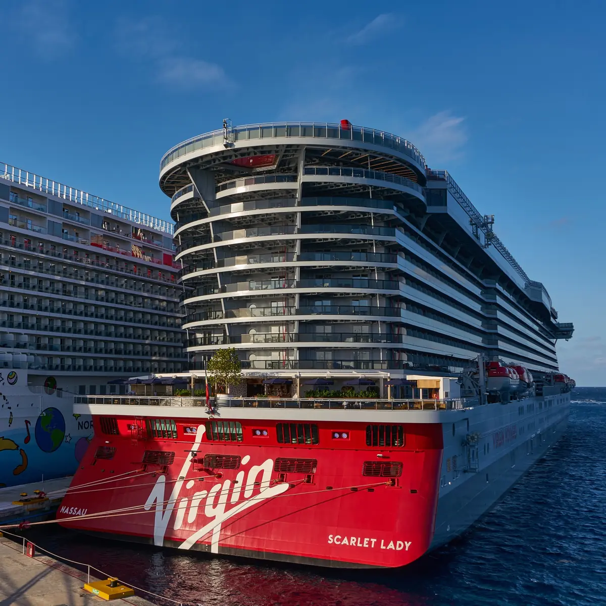 Virgin Voyages Scarlet Lady alongside in Cozumel